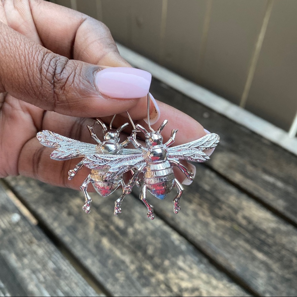 Large Silver Bee Statement Earrings